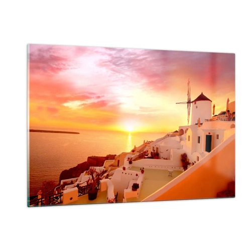 Quadro su vetro - Tramonto su Santorini con edifici bianchi e un mulino a vento - 120x80cm - Sciogliersi nel bianco e nell'oro - Decorazione murale moderna per soggiorno e camera da letto ARTTOR