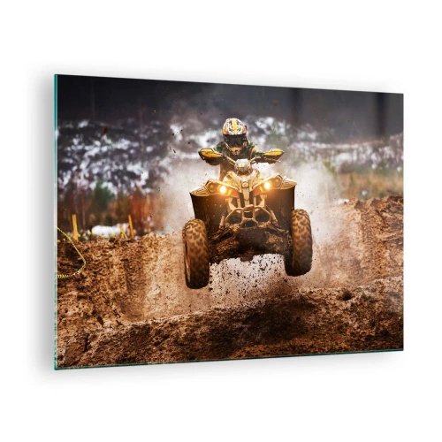 Quadro su vetro - Quad in azione su terreni fangosi in un ambiente dinamico - 70x50cm - No risk no fun - Decorazione murale moderna per soggiorno e camera da letto ARTTOR