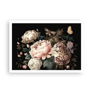 Poster - Un bouquet di fiori rosa e farfalle su uno sfondo nero - 100x70cm - In stile barocco - Decorazione murale moderna per soggiorno e camera da letto ARTTOR