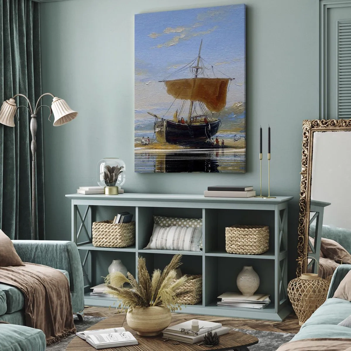 Quadro su tela - Stampe su Tela - Una nave in riva al mare in una giornata di sole - 50x70cm - Acqua, terra, aria - Decorazione murale moderna per soggiorno e camera da letto ARTTOR