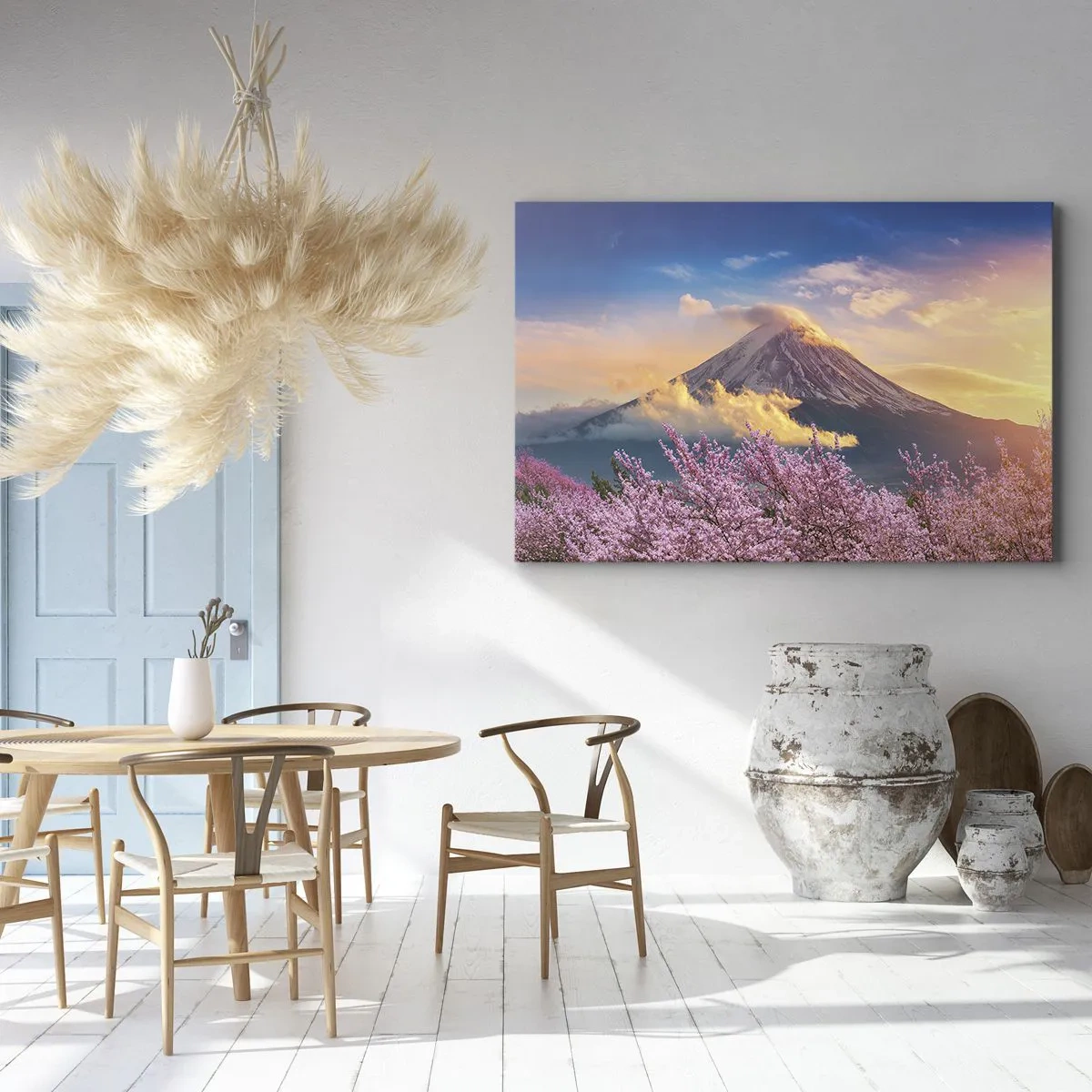 Quadro su tela - Stampe su Tela - Il monte Fuji con i fiori di ciliegio sullo sfondo al tramonto - 120x80cm - Sacralità giapponese - Decorazione murale moderna per soggiorno e camera da letto ARTTOR