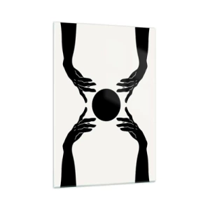 Quadro su vetro - Mani nere in una composizione simmetrica con una palla - 70x100cm - Segno misterioso - Decorazione murale moderna per soggiorno e camera da letto ARTTOR
