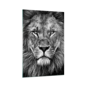 Quadro su vetro - Ritratto di un maestoso leone in bianco e nero - 70x100cm - Nell'abito dell'incoronazione - Decorazione murale moderna per soggiorno e camera da letto ARTTOR
