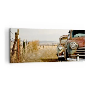 Quadro su tela - Stampe su Tela - Due vecchie auto su una strada sterrata accanto a una recinzione di legno - 120x50cm - Meritato riposo - Decorazione murale moderna per soggiorno e camera da letto ARTTOR