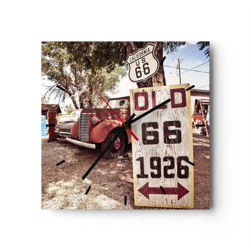 Orologio da parete - Orologio in Vetro - Auto retrò e cartello della Route 66 in un ambiente rustico - 30x30cm - La leggenda della provincia americana - Decorazione murale moderna per soggiorno e camera da letto ARTTOR