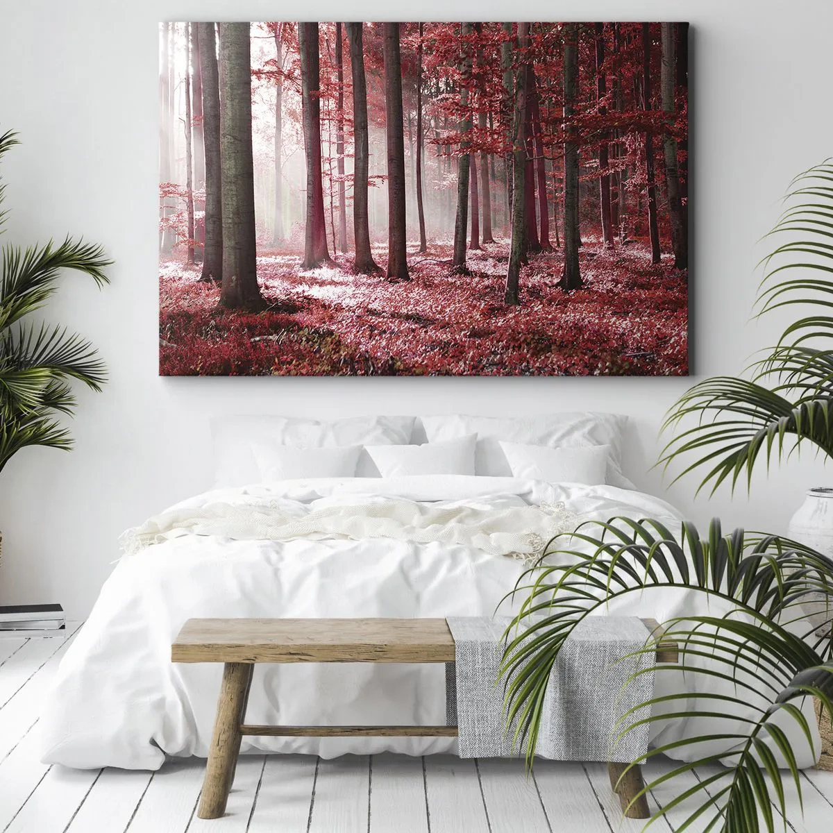Quadro su tela - Stampe su Tela - Una splendida foresta dalle tonalità rosse con raggi di luce che penetrano attraverso gli alberi - 100x70cm - Anche rosso è bello - Decorazione murale moderna per soggiorno e camera da letto ARTTOR