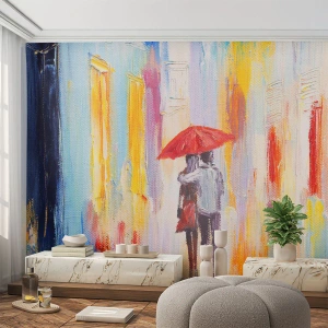Fotomurali Premium Sand - Una coppia sotto un ombrello rosso in un colorato contesto urbano - 100x70cm - Che piova ancora - Decorazione murale moderna per soggiorno e camera da letto ARTTOR