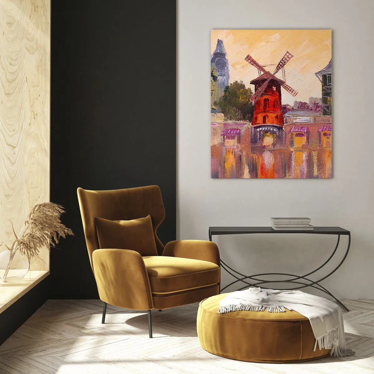 Quadro su vetro - Il mulino a vento rosso del Moulin Rouge circondato dal paesaggio urbano - 80x120cm - Le icone di Parigi: il Moulin Rouge - Decorazione murale moderna per soggiorno e camera da letto ARTTOR