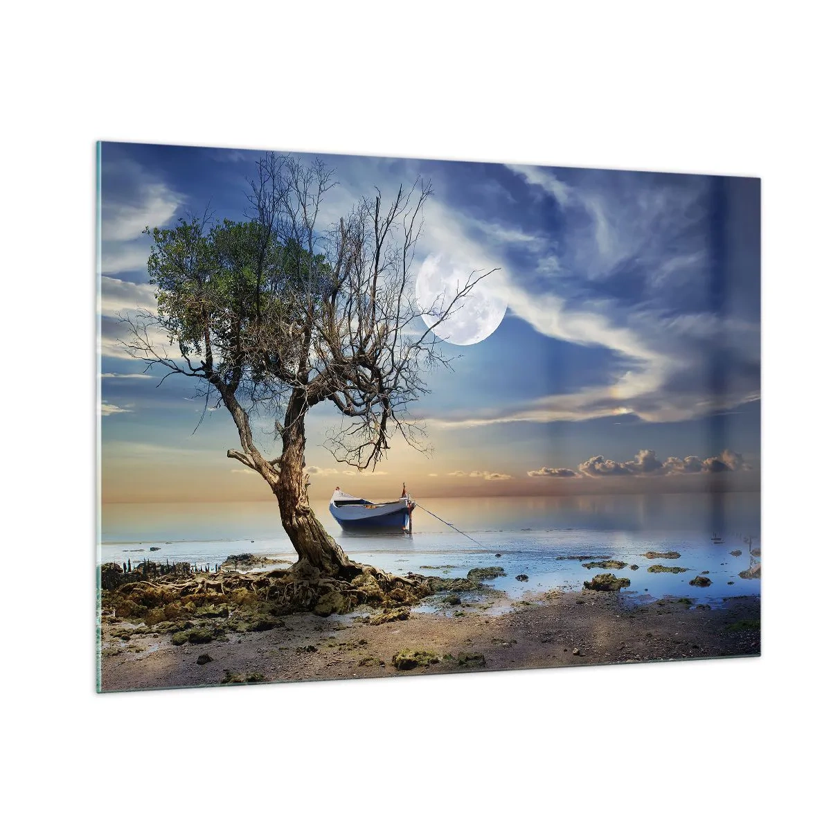 Quadro su vetro - Una barca solitaria vicino a un albero con la luna sullo sfondo - 100x70cm - È la fine o l'inizio? - Decorazione murale moderna per soggiorno e camera da letto ARTTOR