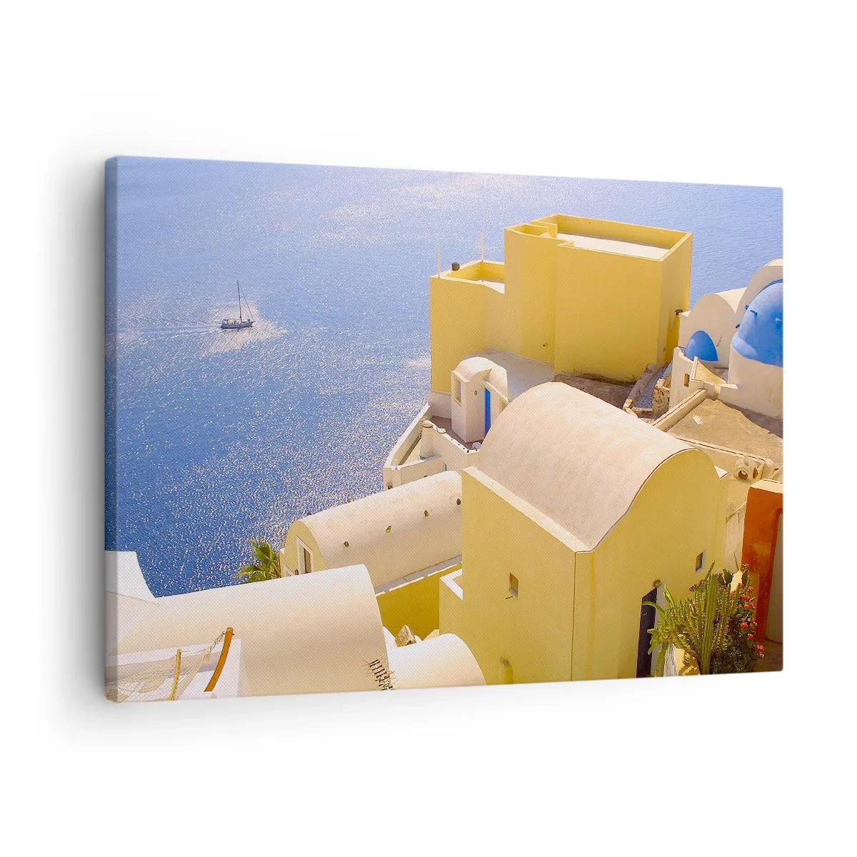 Quadro su tela - Stampe su Tela - Architettura greca con vista sul mare e una barca sullo sfondo - 70x50cm - Paesaggio greco in bianco e blu - Decorazione murale moderna per soggiorno e camera da letto ARTTOR