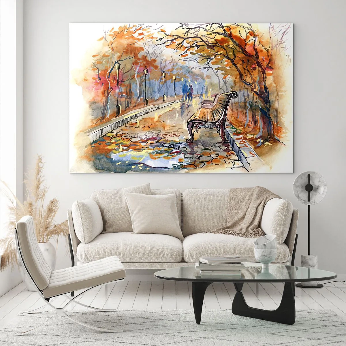 Quadro su vetro - Un vicolo autunnale con una panchina in stile acquerello artistico - 120x80cm - Passeggiando insieme l'autunno - Decorazione murale moderna per soggiorno e camera da letto ARTTOR