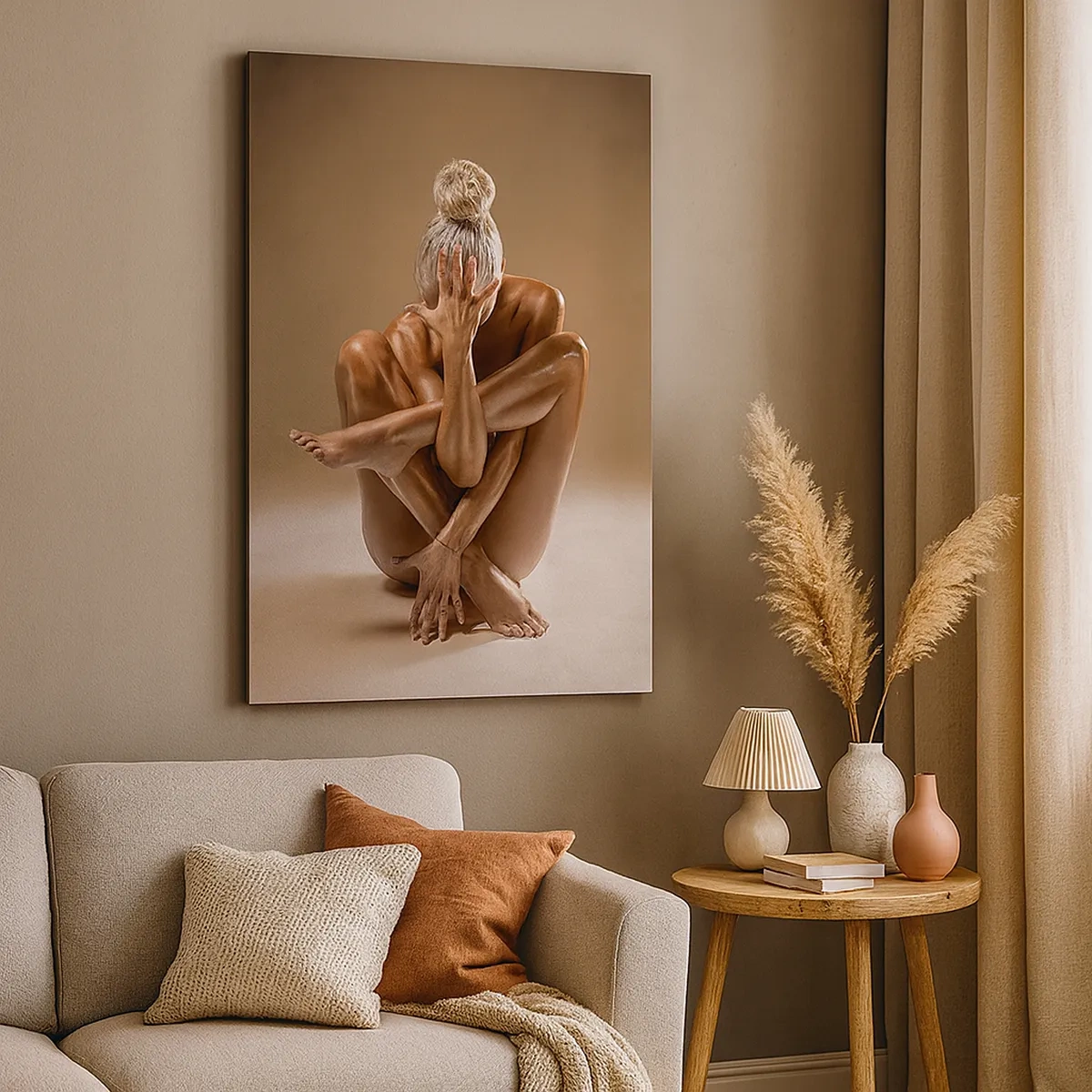 Quadro su tela - Stampe su Tela - Silhouette artistica di una donna su sfondo beige - 50x70cm - Unità di corpo e anima - Decorazione murale moderna per soggiorno e camera da letto ARTTOR