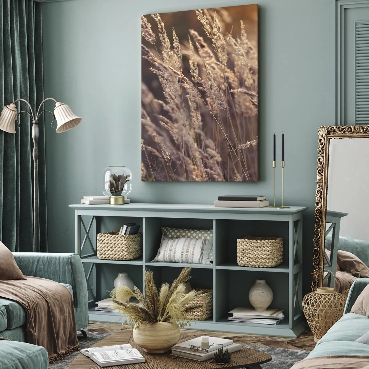 Quadro su tela - Stampe su Tela - Erbe dorate sullo sfondo del sole al tramonto - 50x70cm - Pronti a salutare l'autunno - Decorazione murale moderna per soggiorno e camera da letto ARTTOR