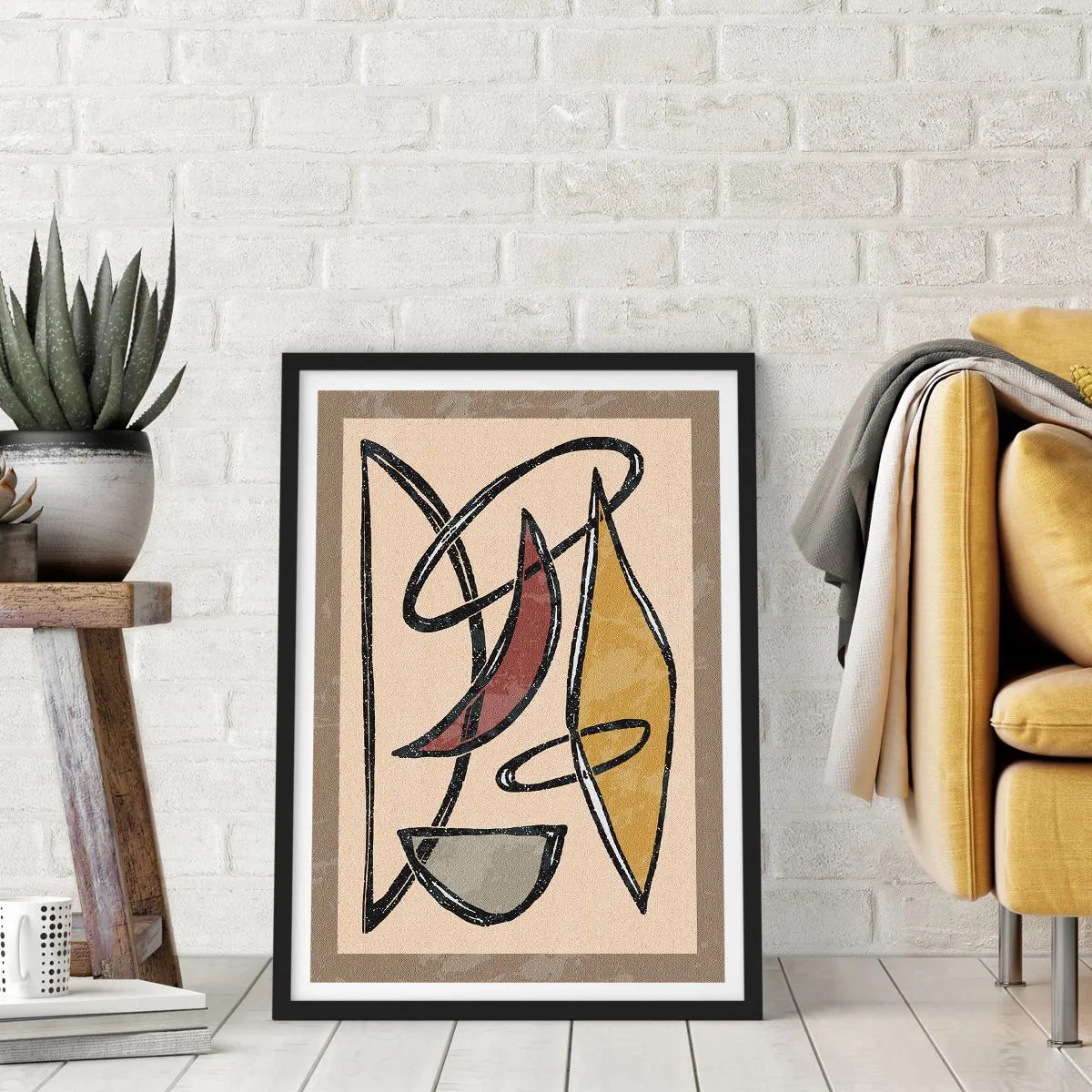 Poster in cornice nera - Composizione geometrica astratta nei toni del beige e del nero - 50x70cm - Composizione: archi e ovali - Decorazione murale moderna per soggiorno e camera da letto ARTTOR