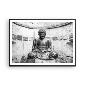 Poster in cornice nera - Statua del Buddha in bianco e nero in posa meditativa - 100x70cm - Alla fonte della pace - Decorazione murale moderna per soggiorno e camera da letto ARTTOR