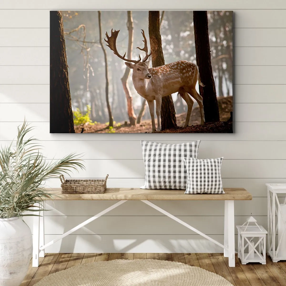 Quadro su tela - Stampe su Tela - Cervi nella foresta nella nebbia mattutina - 70x50cm - La luce della giovinezza - Decorazione murale moderna per soggiorno e camera da letto ARTTOR