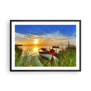 Poster in cornice nera - Una barca sulla riva di un lago al tramonto - 70x50cm - I cormorano volano già via - Decorazione murale moderna per soggiorno e camera da letto ARTTOR