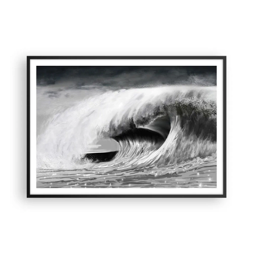 Poster in cornice nera - Onda oceanica spettacolare in monocromia - 100x70cm - La furia dell'oceano - Decorazione murale moderna per soggiorno e camera da letto ARTTOR