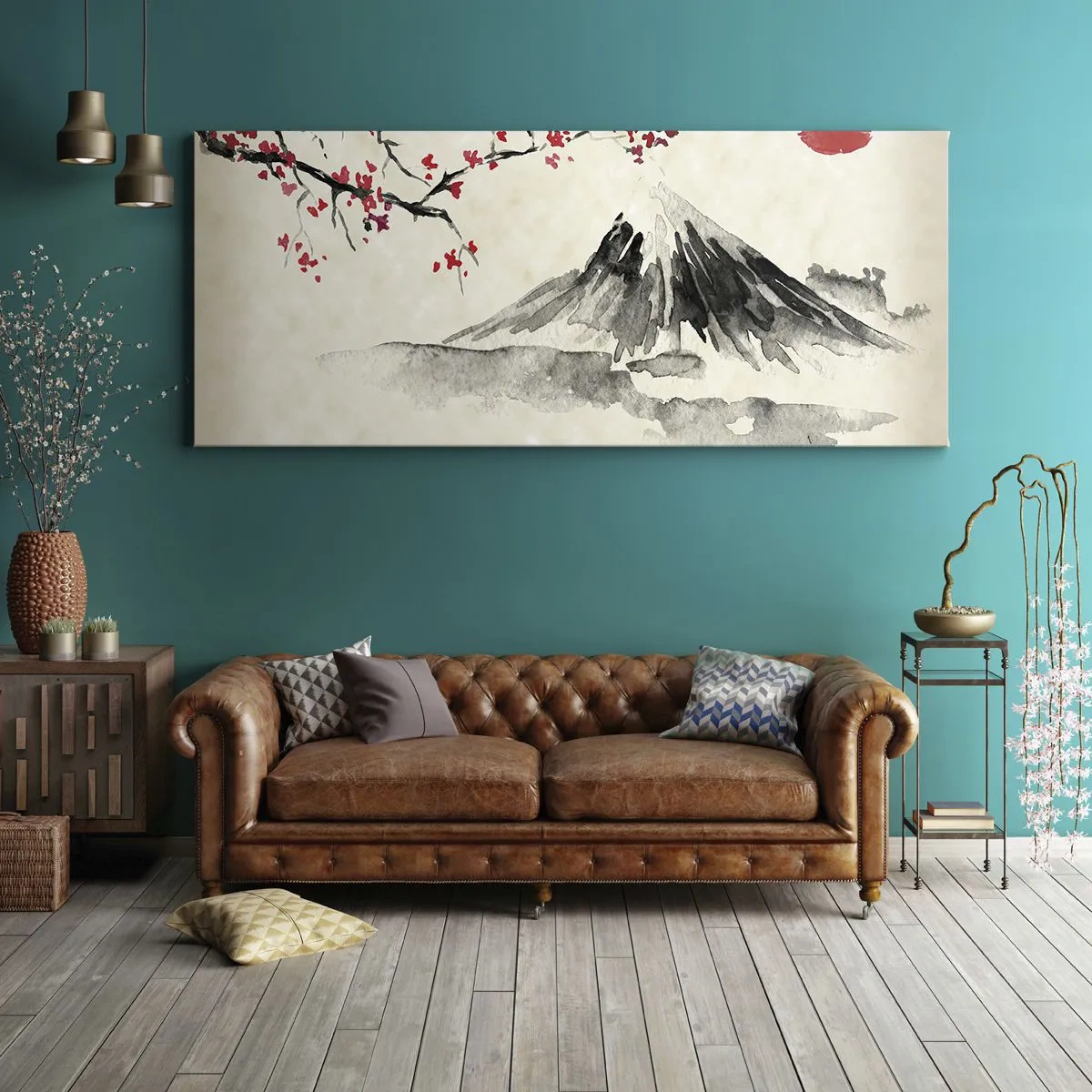 Quadro su tela - Stampe su Tela - Un paesaggio pittoresco con una montagna, fiori di ciliegio e sole - 120x50cm - Amore per il Giappone - Decorazione murale moderna per soggiorno e camera da letto ARTTOR