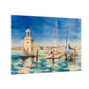 Quadro su vetro - Marina ad acquerello con faro e yacht ormeggiati - 70x50cm - La laguna assolata - Decorazione murale moderna per soggiorno e camera da letto ARTTOR