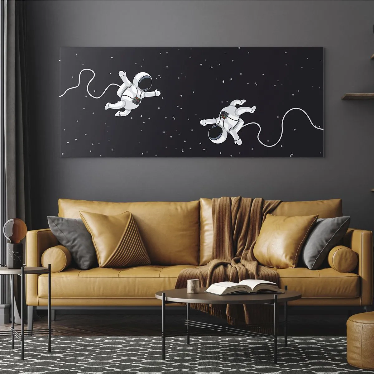 Quadro su vetro - Astronauti che fluttuano nello spazio con uno sfondo di stelle - 120x50cm - Danza cosmica - Decorazione murale moderna per soggiorno e camera da letto ARTTOR