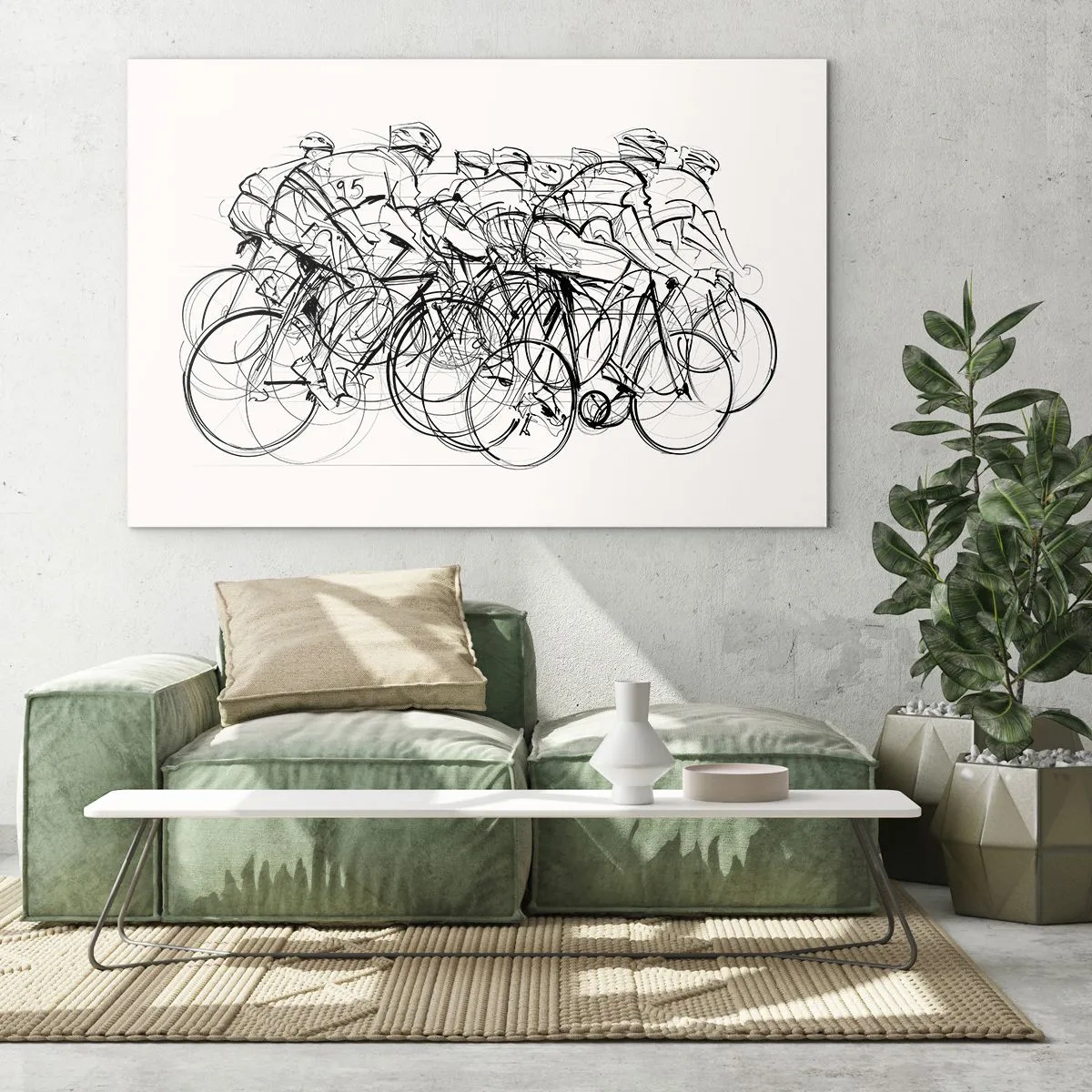 Quadro su vetro - Schizzo di un gruppo di ciclisti durante una gara su sfondo bianco - 100x70cm - Insieme - Decorazione murale moderna per soggiorno e camera da letto ARTTOR