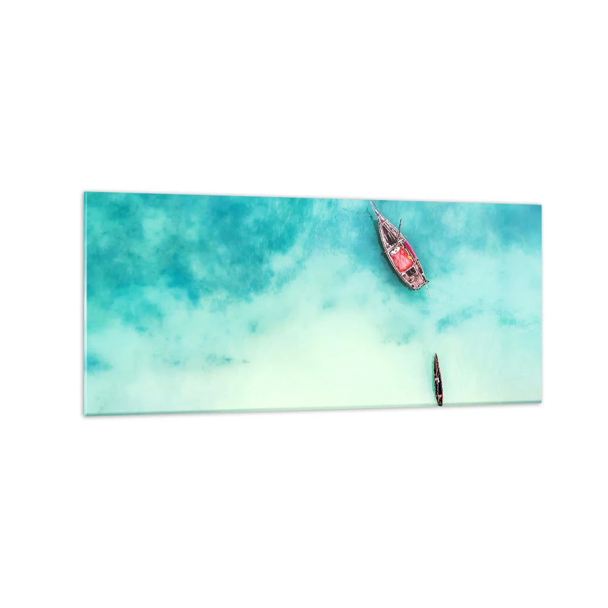 Quadro su vetro - Barche sull'acqua turchese viste da una prospettiva a volo d'uccello - 120x50cm - Nelle spiagge di Zanzibar, quando c'è troppa acqua... - Decorazione murale moderna per soggiorno e camera da letto ARTTOR