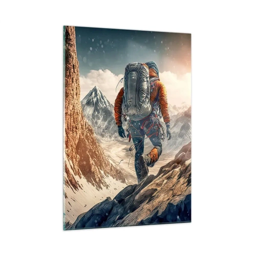 Quadro su vetro - Un escursionista che scala un pendio roccioso e innevato - 50x70cm - Guerriero solitario - Decorazione murale moderna per soggiorno e camera da letto ARTTOR