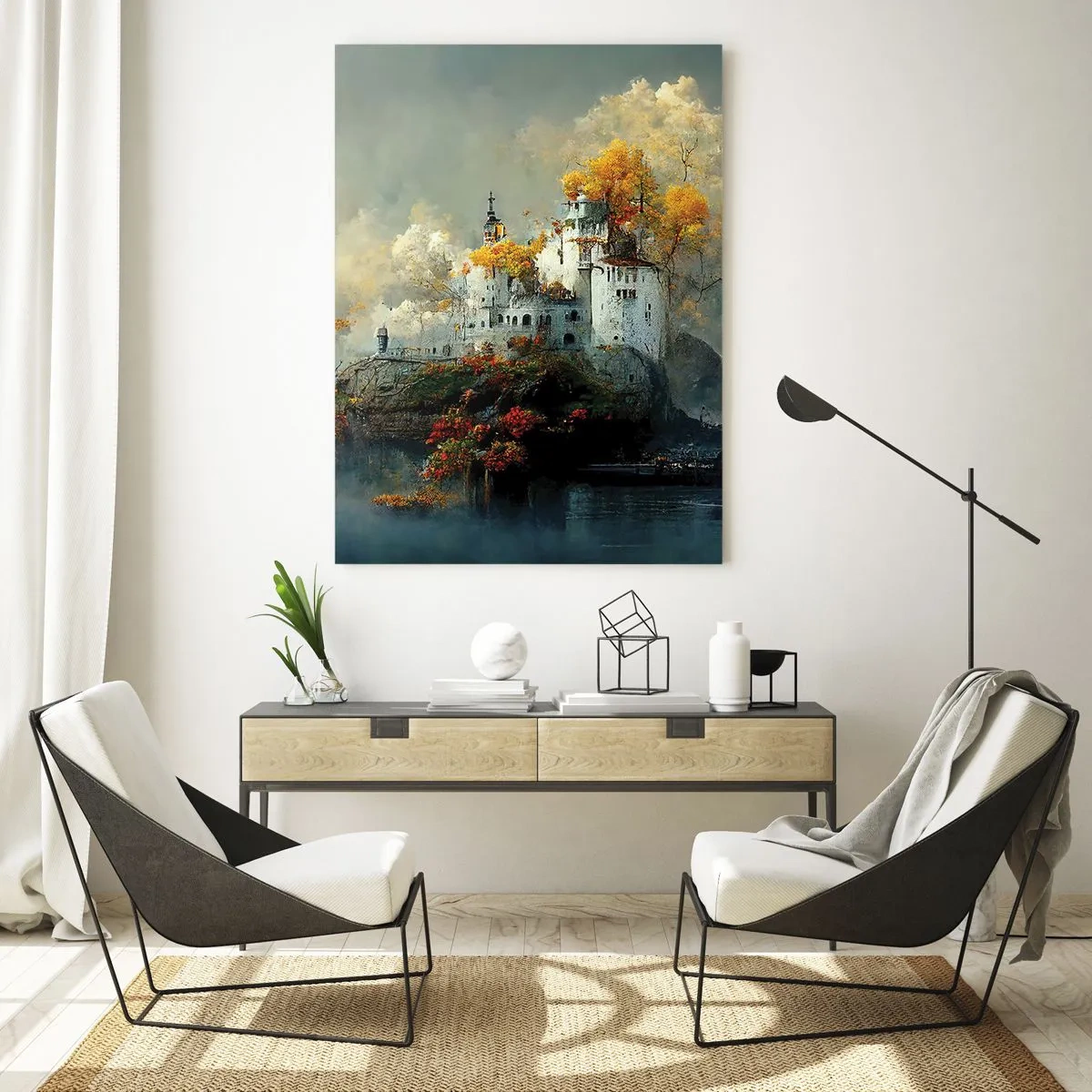 Quadro su vetro - Un castello su una collina circondato da alberi autunnali - 80x120cm - Inizio di una storia romantica - Decorazione murale moderna per soggiorno e camera da letto ARTTOR