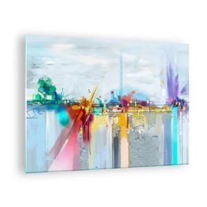Quadro su vetro - Ponte astratto dai colori vivaci su un fiume con sfondo pastello - 70x50cm - Il ponte della gioia sul fiume della vita - Decorazione murale moderna per soggiorno e camera da letto ARTTOR