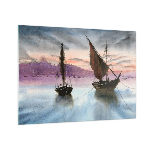 Quadro su vetro - Due barche a vela in acque calme al tramonto - 70x50cm - La sera nel porto - Decorazione murale moderna per soggiorno e camera da letto ARTTOR