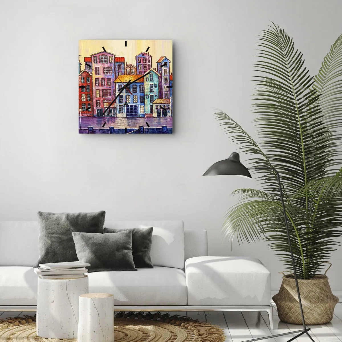 Orologio da parete - Orologio in Vetro - Case popolari colorate in riva all'acqua in stile artistico - 30x30cm - Una città da favola - Decorazione murale moderna per soggiorno e camera da letto ARTTOR