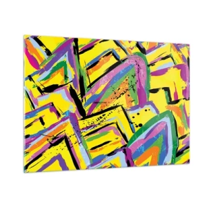 Quadro su vetro - Astrazione intensa in colori vivaci su sfondo giallo - 100x70cm - Grida di gioia - Decorazione murale moderna per soggiorno e camera da letto ARTTOR