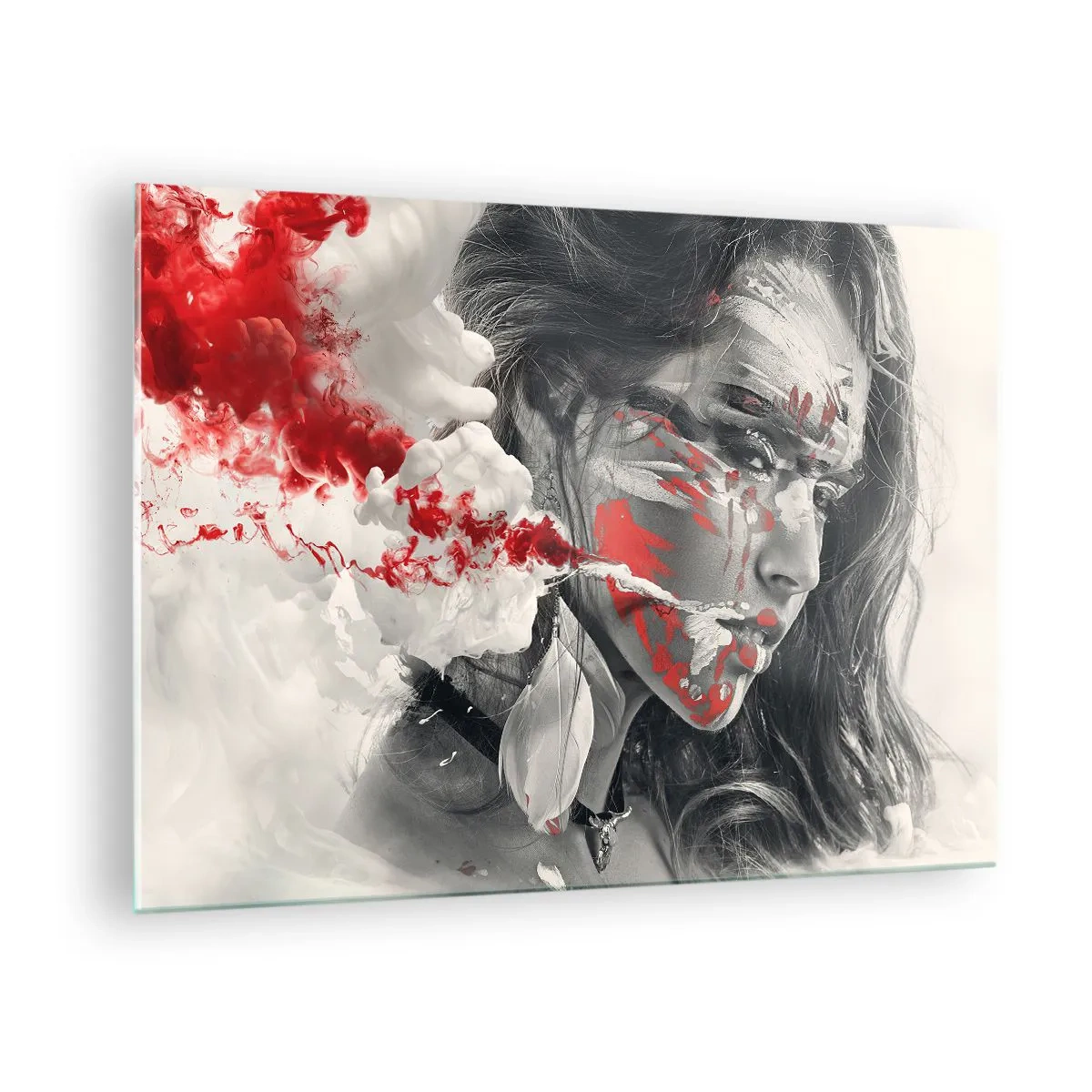 Quadro su vetro - Ritratto di una donna con motivi astratti rossi e bianchi - 70x50cm - Nei vapori dell'assurdo - Decorazione murale moderna per soggiorno e camera da letto ARTTOR