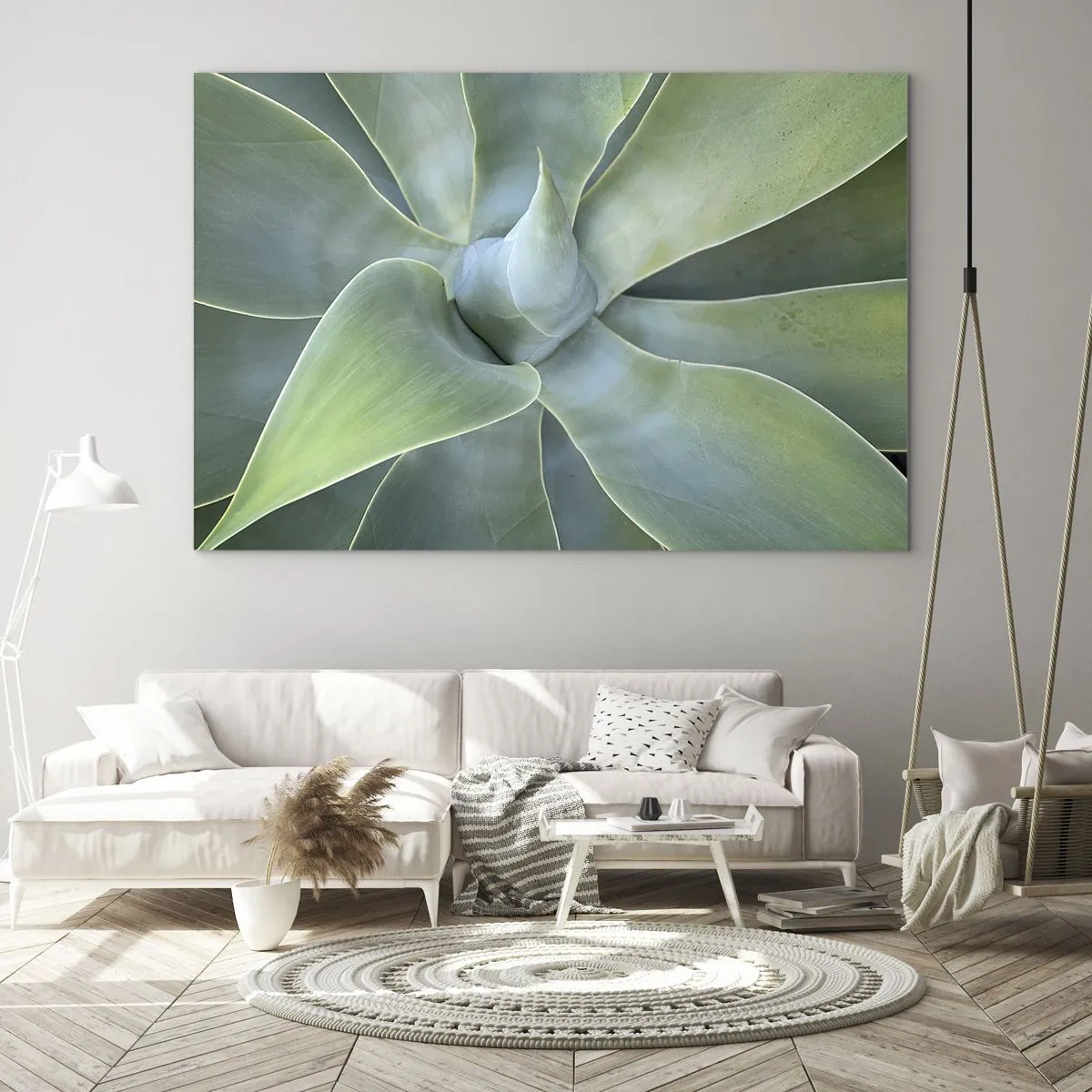 Quadro su vetro - Macrofotografia di una pianta verde con foglie a spirale - 120x80cm - La nascita del verde - Decorazione murale moderna per soggiorno e camera da letto ARTTOR