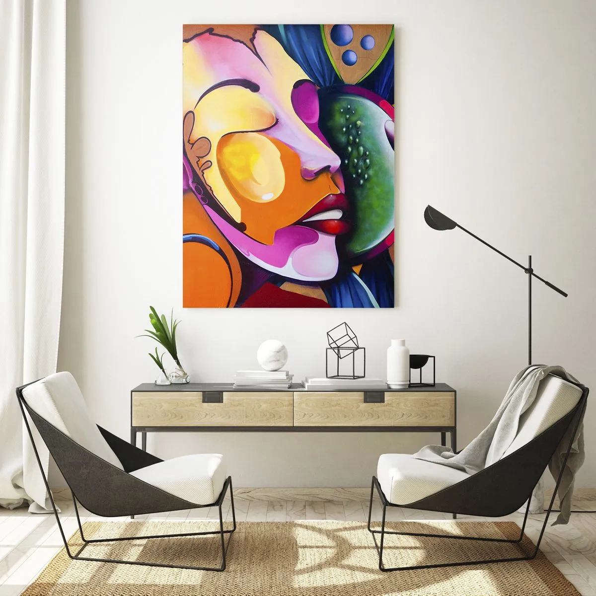 Quadro su vetro - Un'astrazione colorata con un motivo facciale in una composizione dinamica - 70x100cm - Toccare con il colore - Decorazione murale moderna per soggiorno e camera da letto ARTTOR