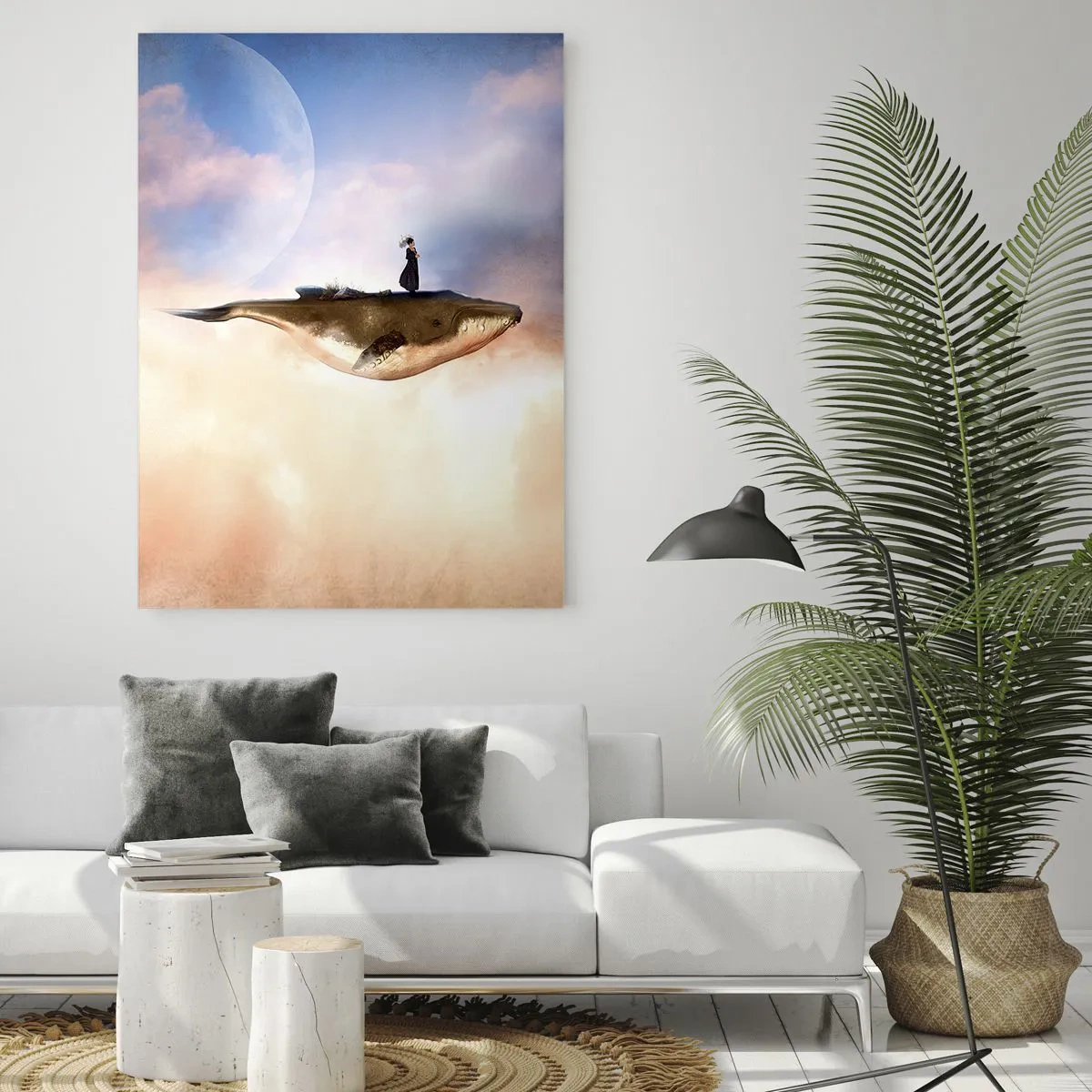 Quadro su vetro - Una scena fantastica di una donna su una balena tra le nuvole - 80x120cm - Viaggio surreale - Decorazione murale moderna per soggiorno e camera da letto ARTTOR