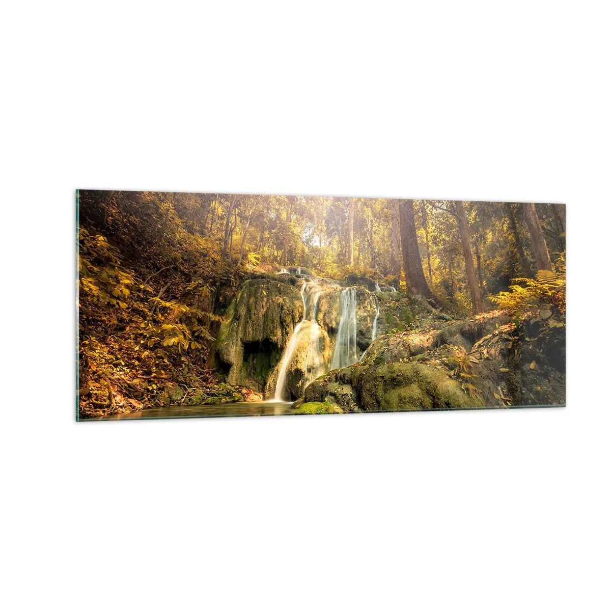 Quadro su vetro - Cascata boschiva in verde - 100x40 cm