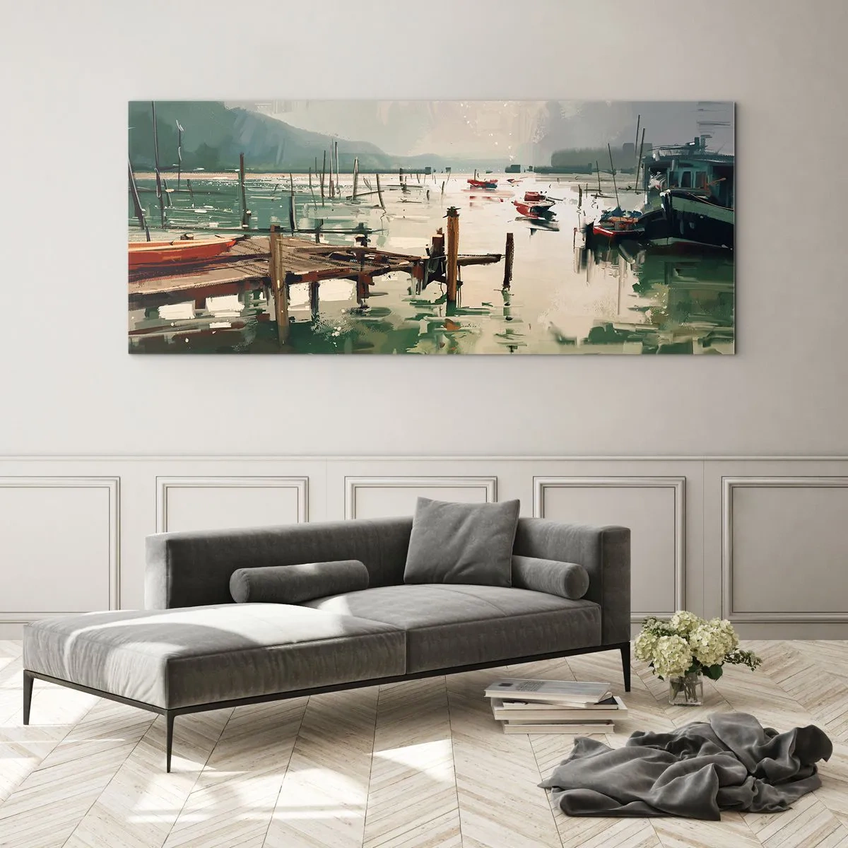 Quadro su vetro - Un pittoresco porto con barche in acque calme - 140x50cm - Imbevuto di luna fusa - Decorazione murale moderna per soggiorno e camera da letto ARTTOR