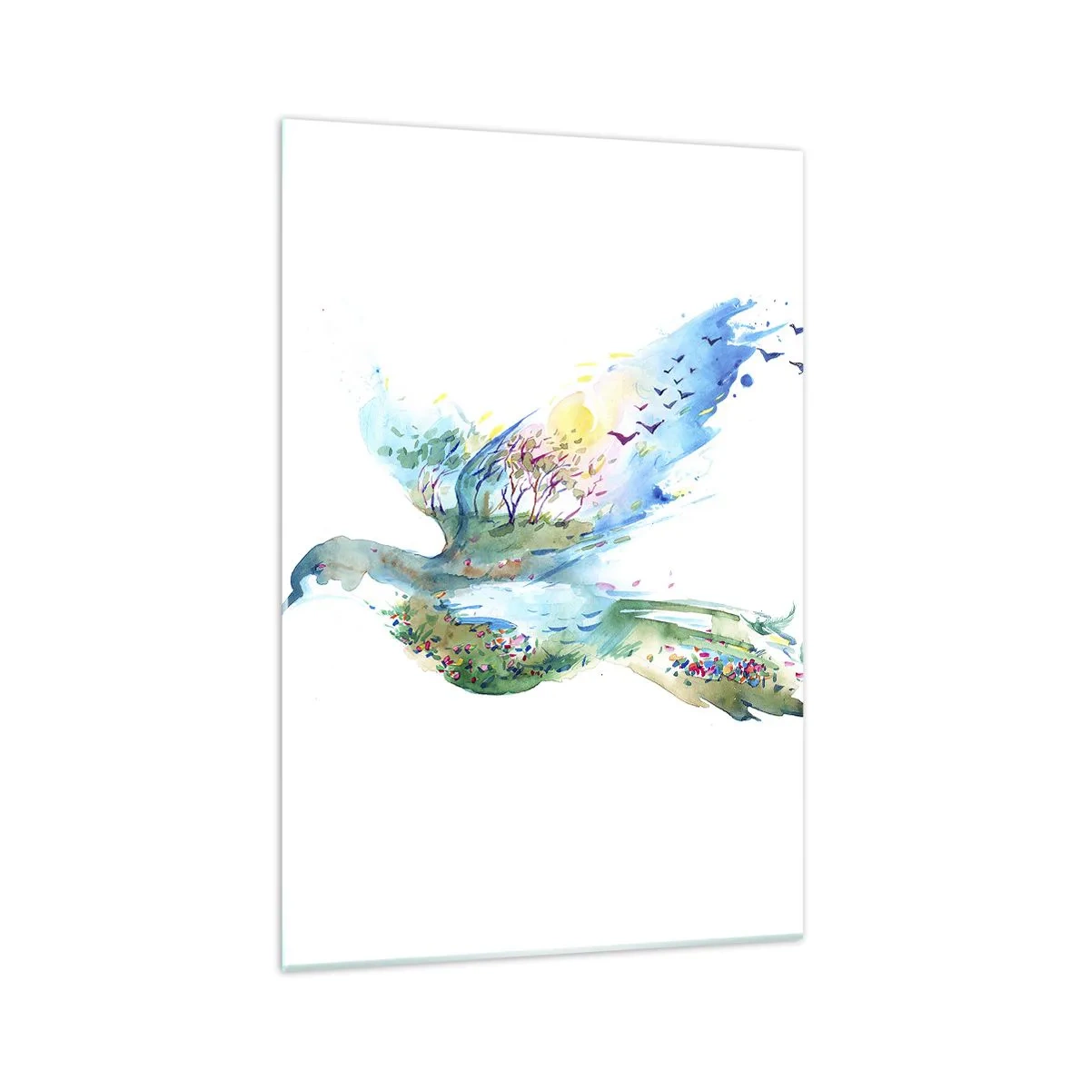 Quadro su vetro - Composizione ad acquerello di un uccello con elementi della natura - 70x100cm - Sulle ali della natura - Decorazione murale moderna per soggiorno e camera da letto ARTTOR