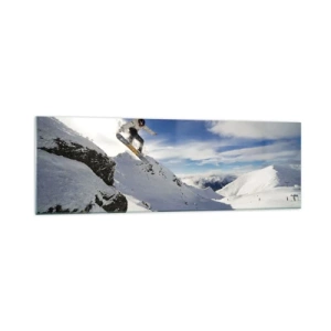 Quadro su vetro - Uno snowboarder salta da una scogliera con montagne innevate sullo sfondo. - 160x50cm - Libertà senza confini - Decorazione murale moderna per soggiorno e camera da letto ARTTOR