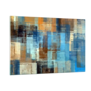 Quadro su vetro - Composizione geometrica astratta nei toni del blu e del marrone - 120x80cm - Attraverso la tenda blu - Decorazione murale moderna per soggiorno e camera da letto ARTTOR