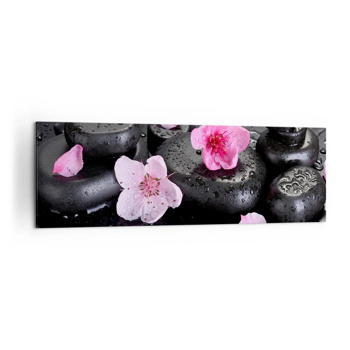 Quadro su tela - Stampe su Tela - Pietre nere e fiori rosa in stile spa - 160x50cm - E il cuore si libera di un peso - Decorazione murale moderna per soggiorno e camera da letto ARTTOR