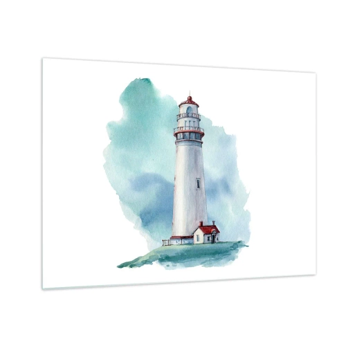 Quadro su vetro - Un faro contro un cielo blu acquerello - 70x50cm - Il mite amico del blu - Decorazione murale moderna per soggiorno e camera da letto ARTTOR
