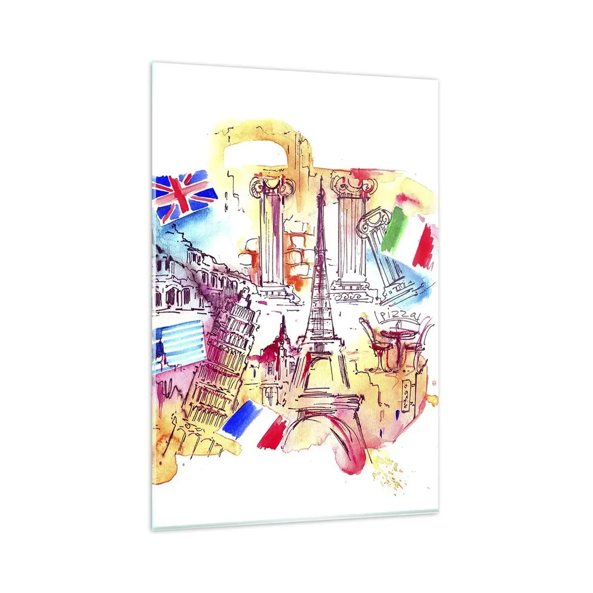 Quadro su vetro - Acquerello di simboli europei con bandiere nazionali - 80x120cm - Tournée europea - Decorazione murale moderna per soggiorno e camera da letto ARTTOR