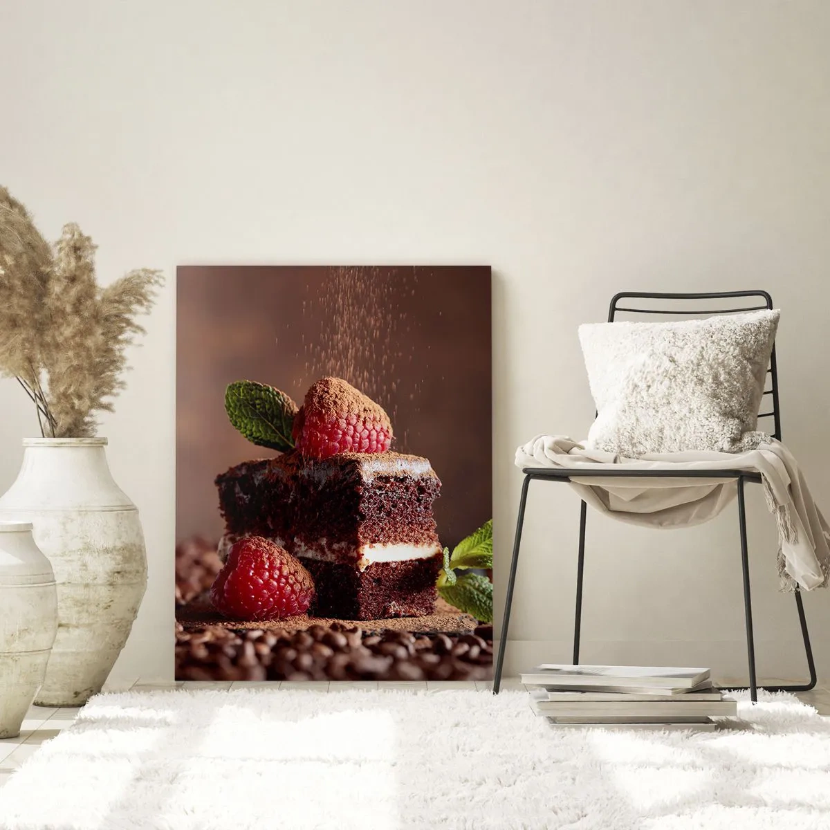 Quadro su vetro - Torta al cioccolato con lamponi e menta su uno sfondo di fave di cacao - 80x120cm - La vita è dolce - Decorazione murale moderna per soggiorno e camera da letto ARTTOR
