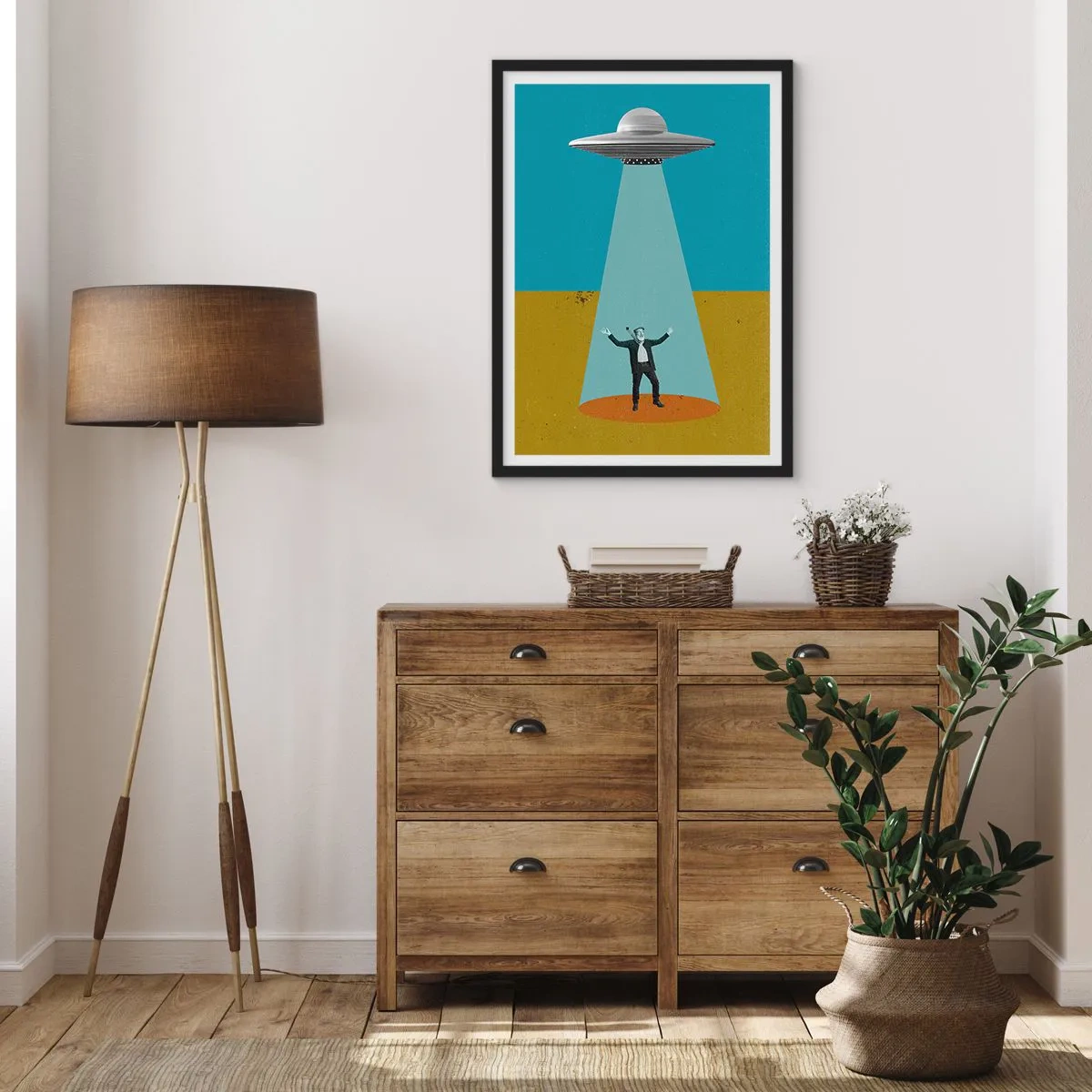 Poster in cornice nera - Illustrazione retrò di un rapimento UFO - 50x70cm - Incontro ravvicinato - Decorazione murale moderna per soggiorno e camera da letto ARTTOR
