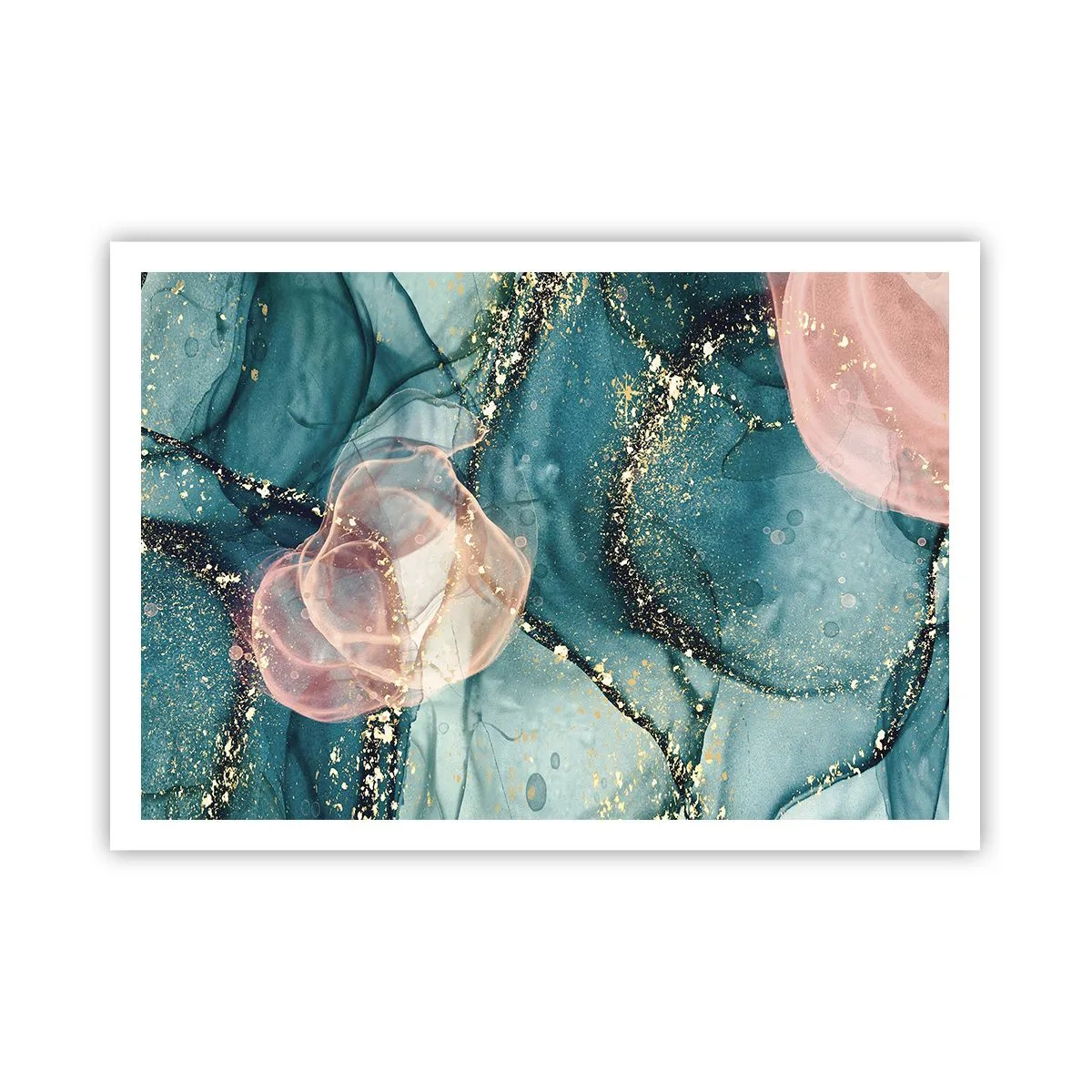 Poster - Una composizione astratta nei toni del turchese e dell'oro. - 100x70cm - Blu di seta, rosa di tulle - Decorazione murale moderna per soggiorno e camera da letto ARTTOR