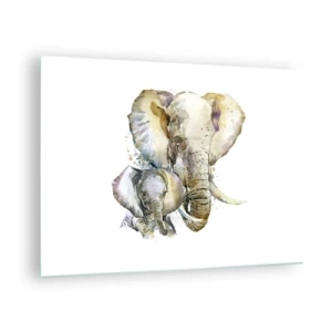 Quadro su vetro - Elefanti artistici in stile acquerello su sfondo bianco - 70x50cm - Con mamma: il posto migliore - Decorazione murale moderna per soggiorno e camera da letto ARTTOR