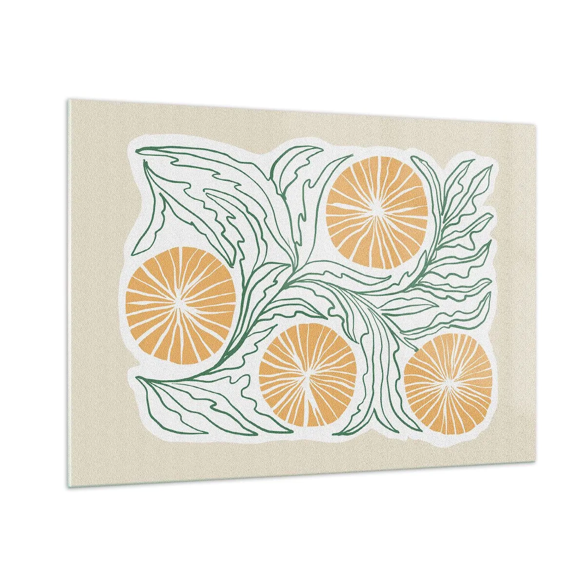 Quadro su vetro - Frutti arancioni e foglie verdi in una composizione grafica - 100x70cm - Etnicamente con una nota di astrazione - Decorazione murale moderna per soggiorno e camera da letto ARTTOR